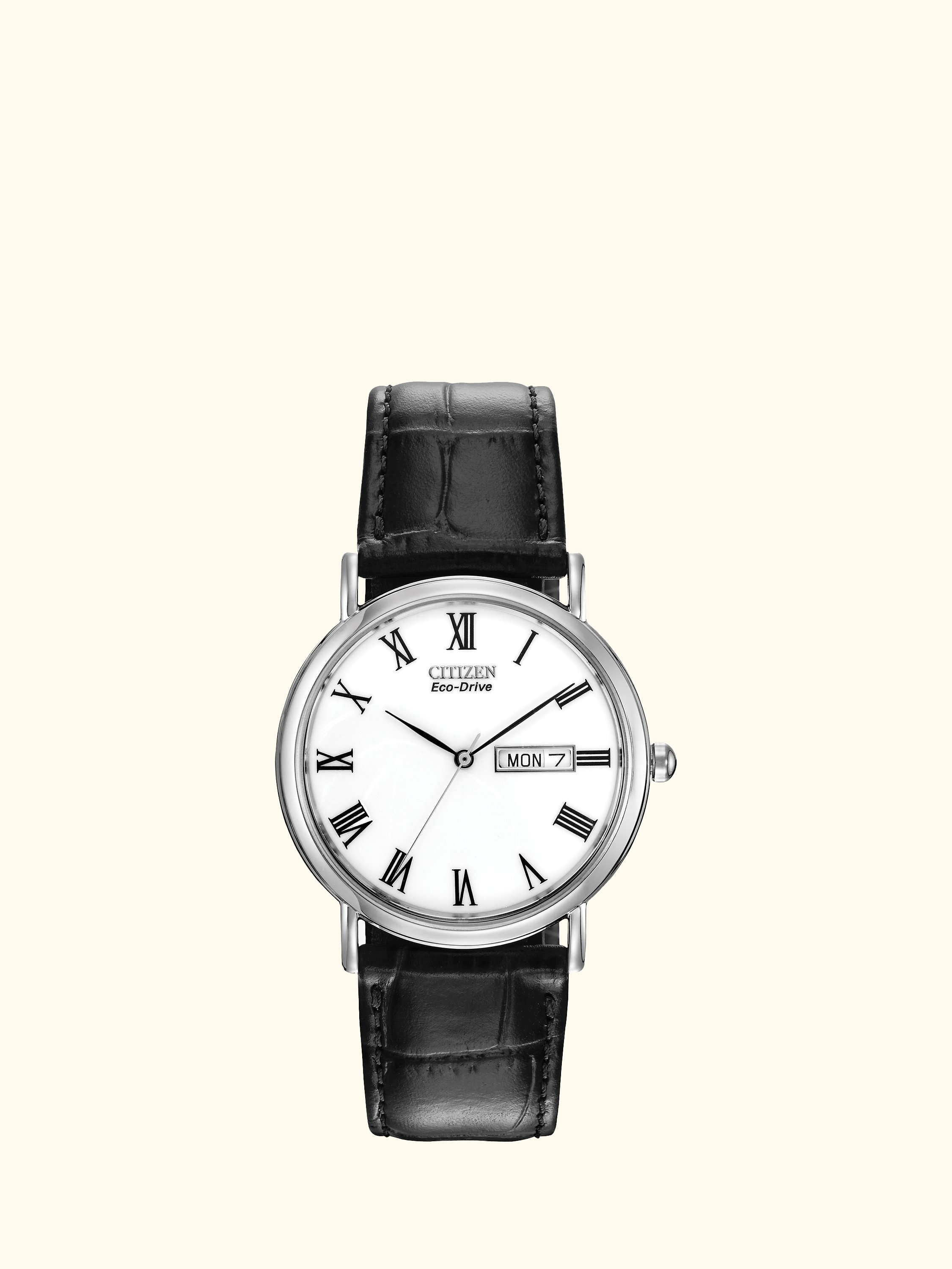 BM8240-11A Men's Eco-Drive Date Leather Strap Watch, Black/White