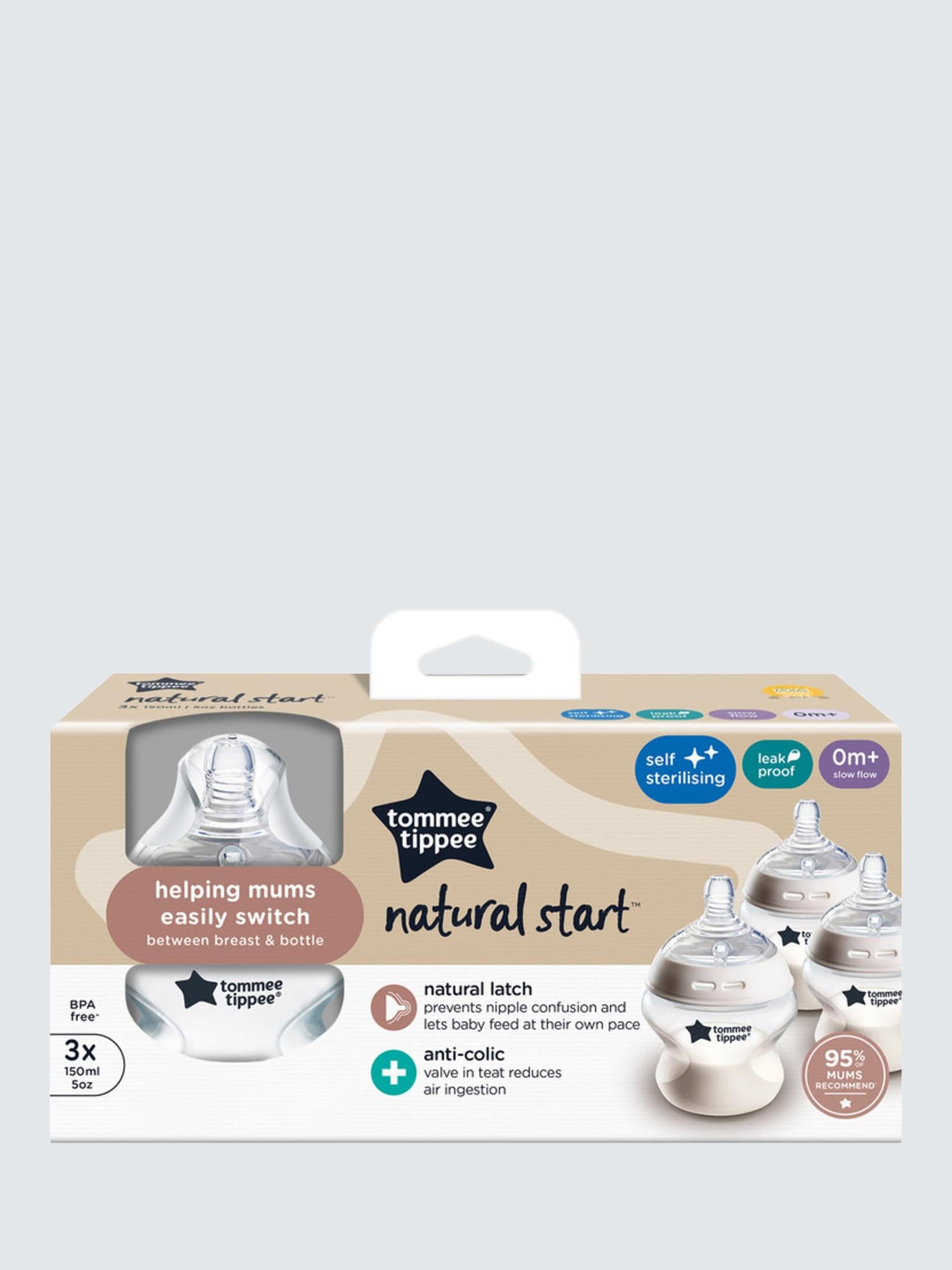 Natural Start Anti-Colic Baby Bottles with Slow Flow Teats, Pack of 3, 150ml