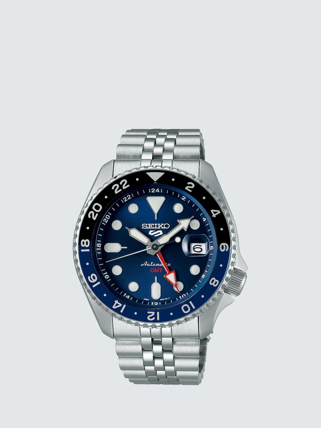 SSK003K1 Men's 5 Sports Blueberry GMT SKX Re-interpretation Automatic Day Date Bracelet Strap Watch, Silver/Blue