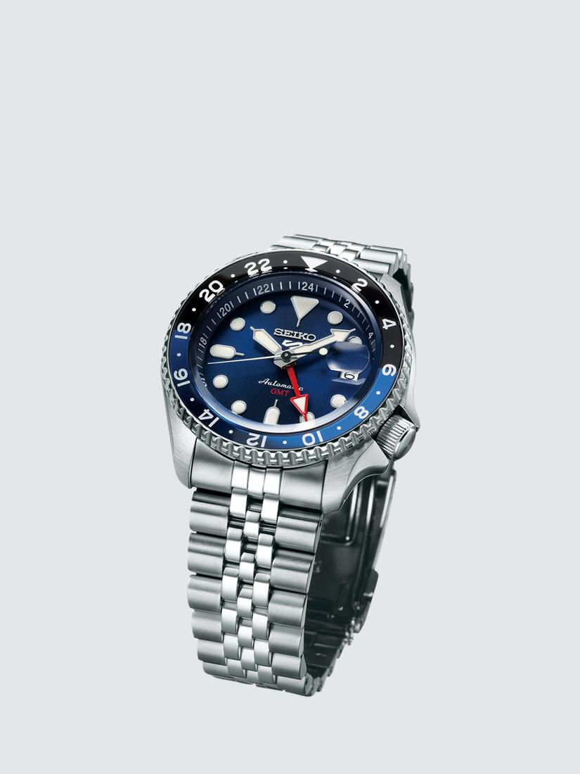 SSK003K1 Men's 5 Sports Blueberry GMT SKX Re-interpretation Automatic Day Date Bracelet Strap Watch, Silver/Blue