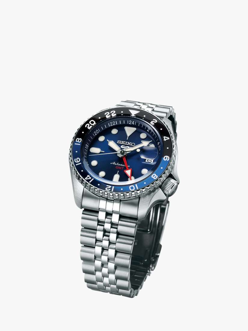 SSK003K1 Men's 5 Sports Blueberry GMT SKX Re-interpretation Automatic Day Date Bracelet Strap Watch, Silver/Blue
