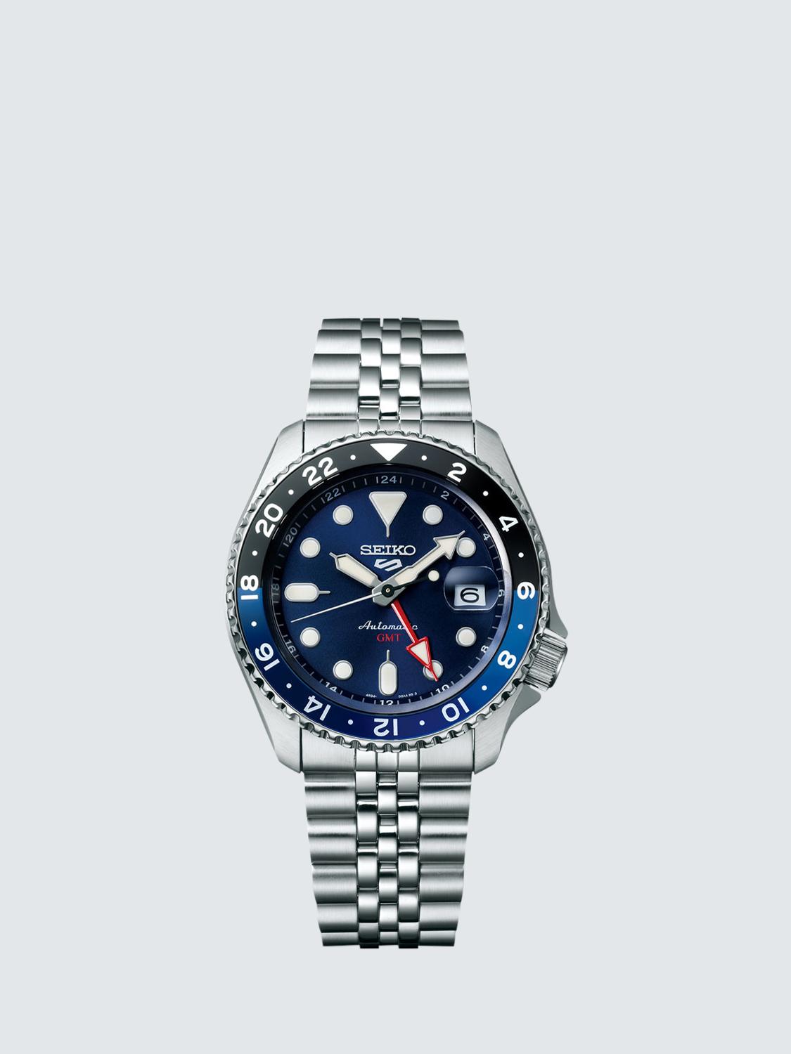 SSK003K1 Men's 5 Sports Blueberry GMT SKX Re-interpretation Automatic Day Date Bracelet Strap Watch, Silver/Blue