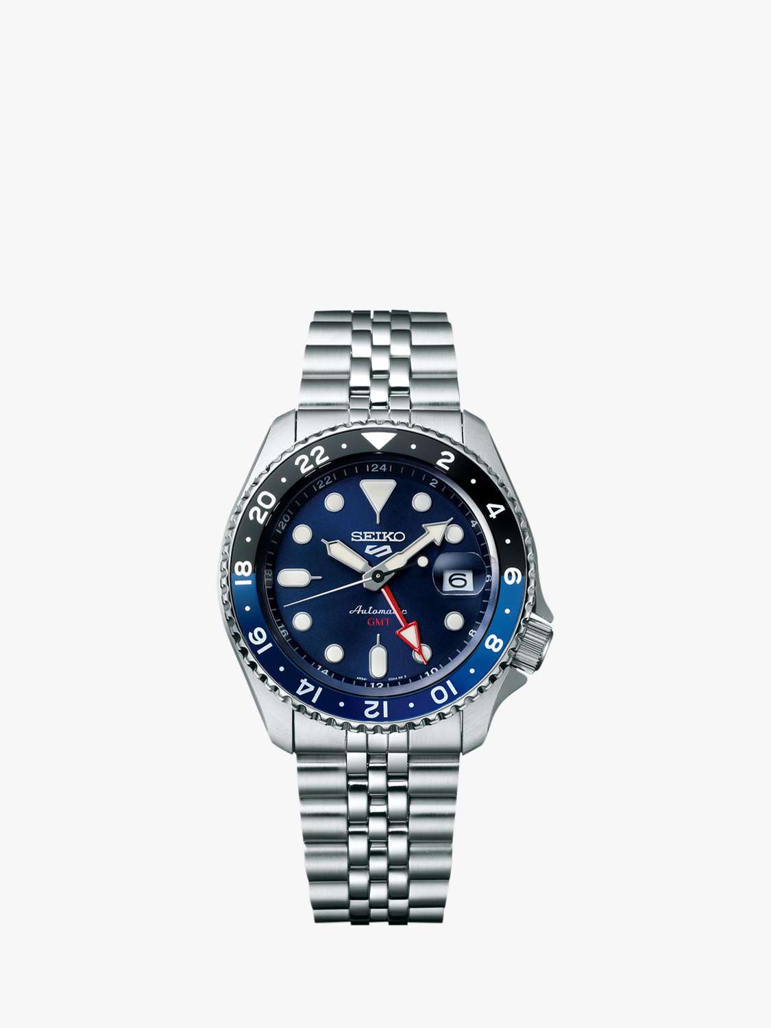 SSK003K1 Men's 5 Sports Blueberry GMT SKX Re-interpretation Automatic Day Date Bracelet Strap Watch, Silver/Blue