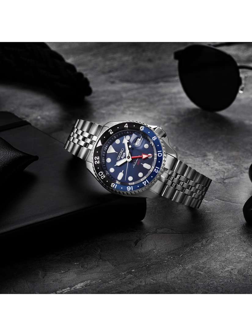SSK003K1 Men's 5 Sports Blueberry GMT SKX Re-interpretation Automatic Day Date Bracelet Strap Watch, Silver/Blue