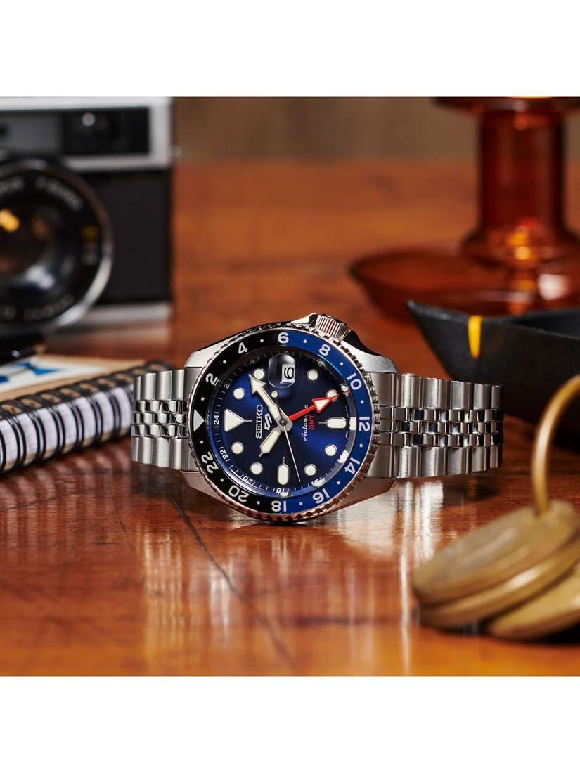 SSK003K1 Men's 5 Sports Blueberry GMT SKX Re-interpretation Automatic Day Date Bracelet Strap Watch, Silver/Blue