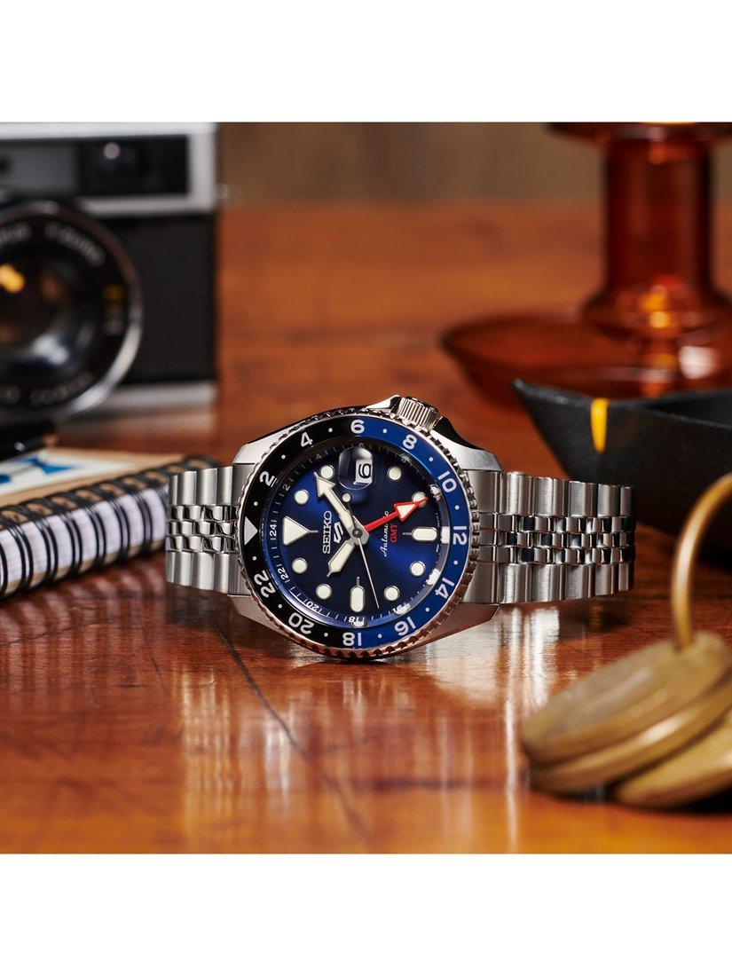 SSK003K1 Men's 5 Sports Blueberry GMT SKX Re-interpretation Automatic Day Date Bracelet Strap Watch, Silver/Blue