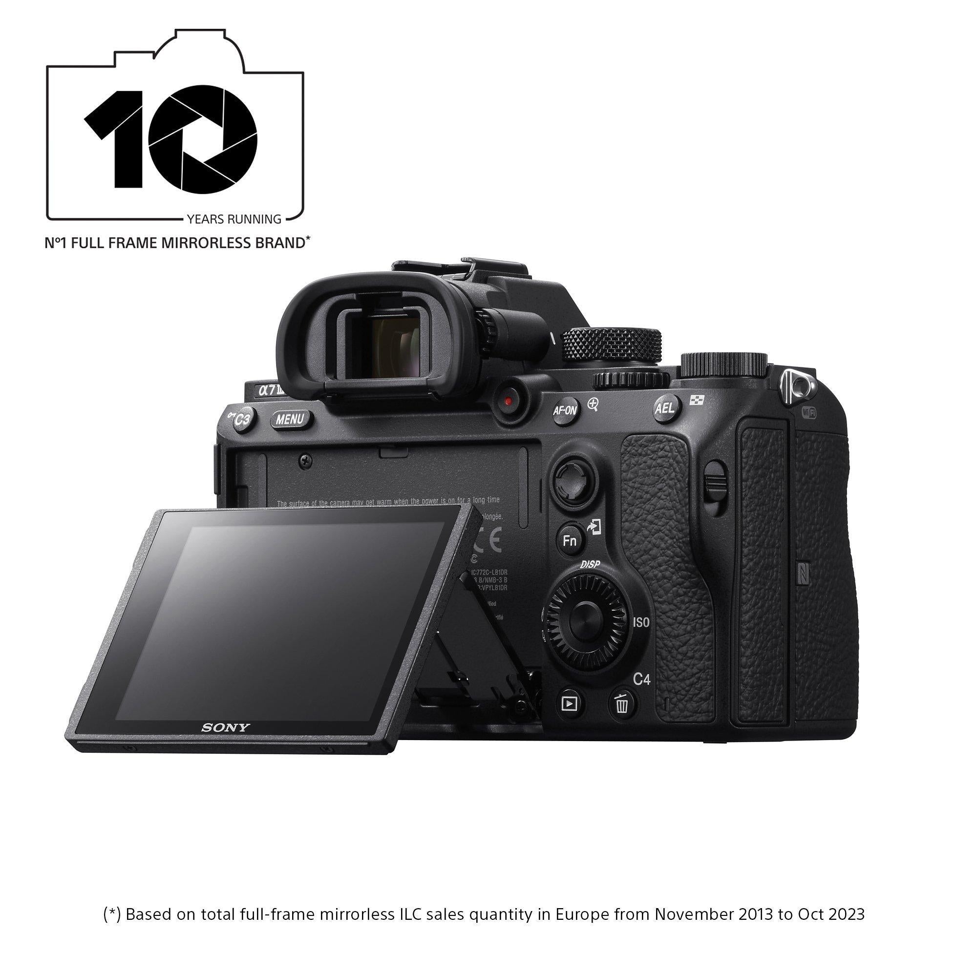 a7 III (Alpha ILCE-7M3) Compact System Camera, 4K Ultra HD, 24.2MP, Wi-Fi, Bluetooth, NFC, OLED EVF, 5-Axis Image Stabiliser & Tiltable 3" LCD Screen, Body Only, Black