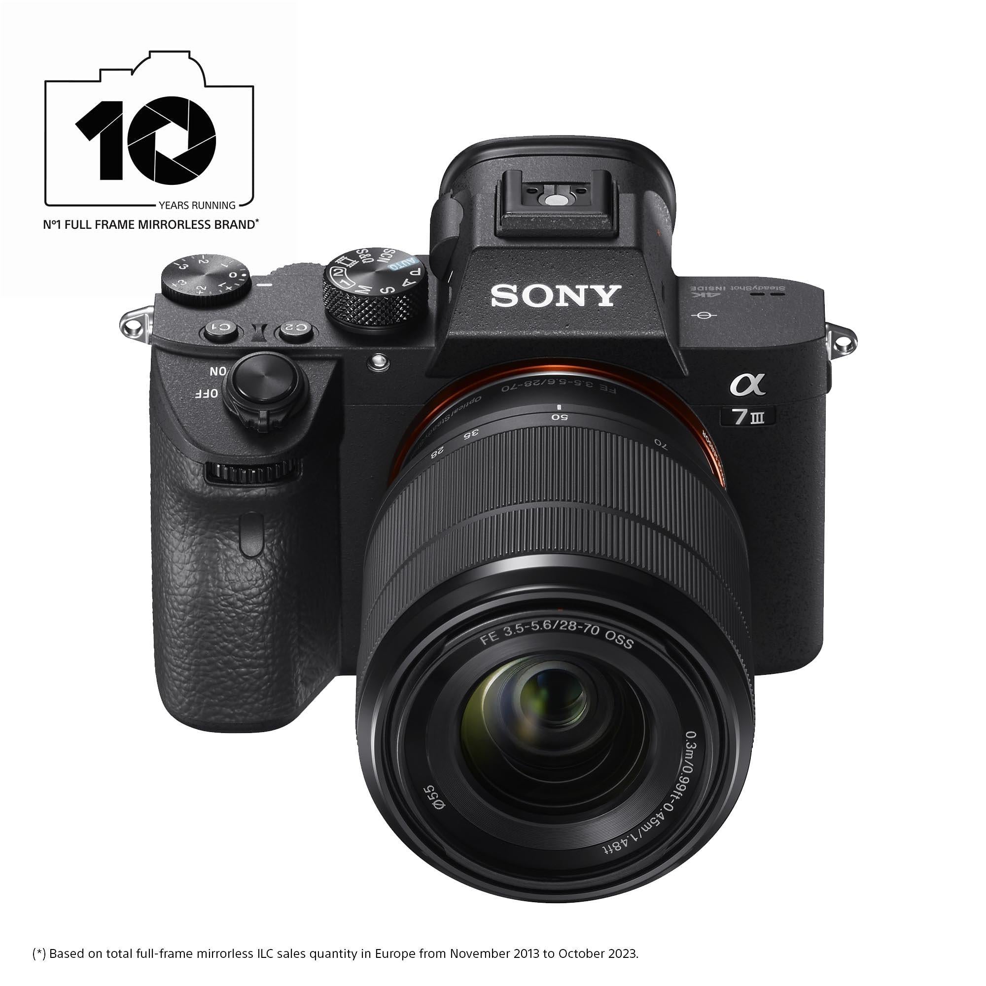 a7 III (Alpha ILCE-7M3) Compact System Camera with 28-70mm Zoom Lens, 4K Ultra HD, 24.2MP, Wi-Fi, Bluetooth, NFC, OLED EVF, 5-Axis Image Stabiliser & Tiltable 3" LCD Touch Screen, Black