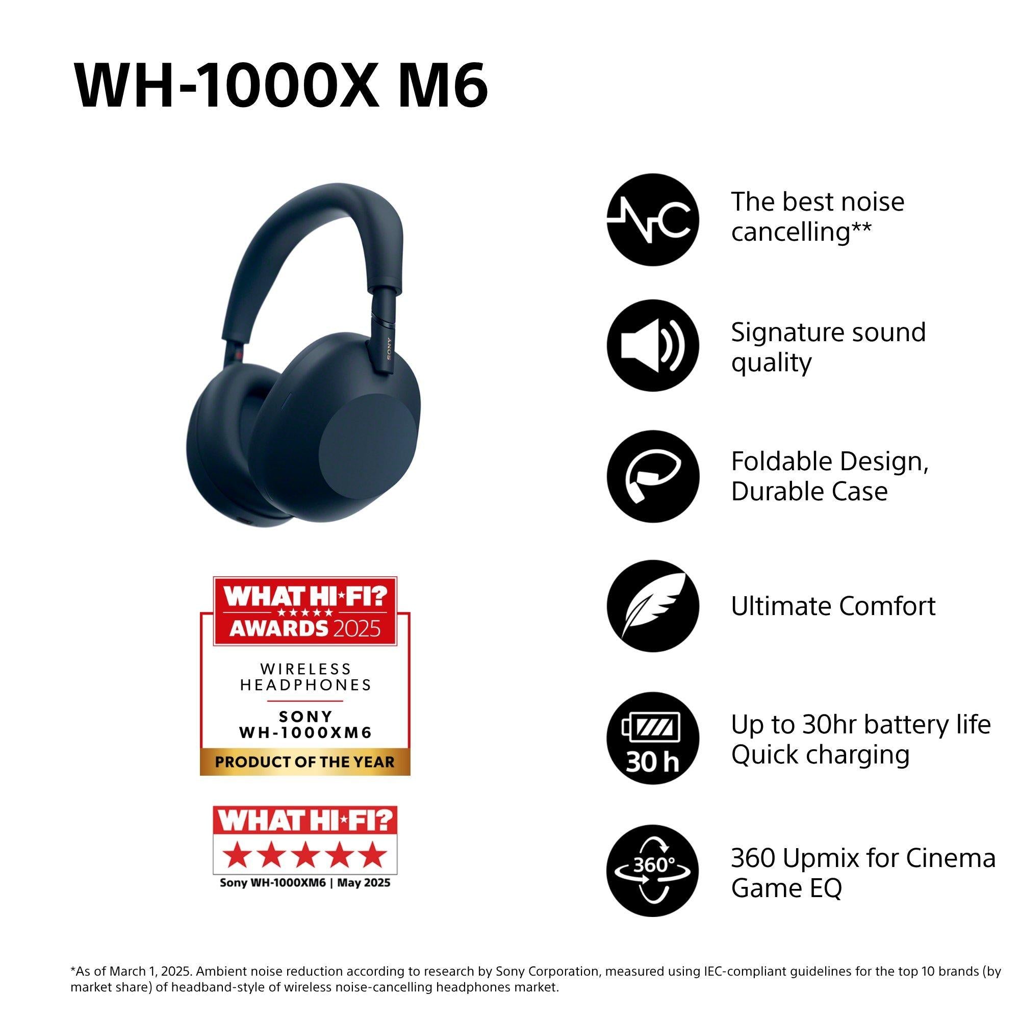 WH-1000XM6 Noise Cancelling Wireless Bluetooth High Resolution Audio Over-Ear Headphones with Mic/Remote