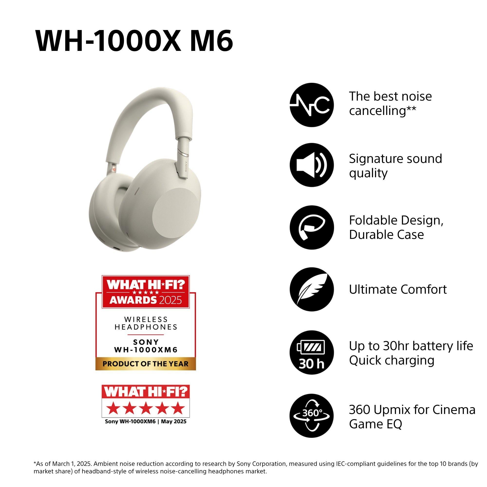 WH-1000XM6 Noise Cancelling Wireless Bluetooth High Resolution Audio Over-Ear Headphones with Mic/Remote